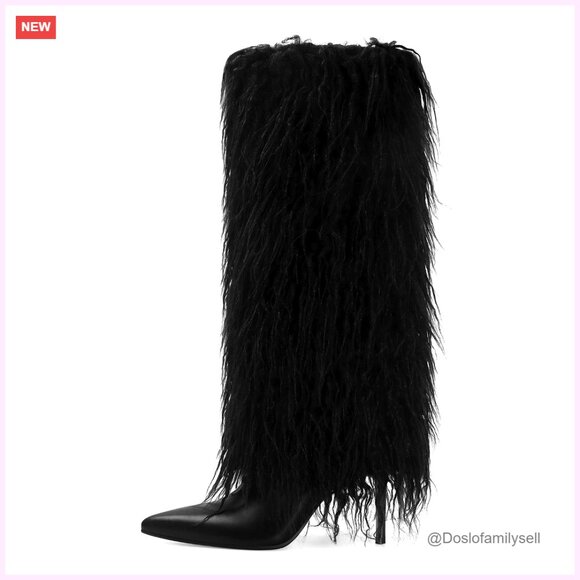 Faux Leather Knee High Boots Pointed Toe Stiletto Heel Fold Over Tall Boots